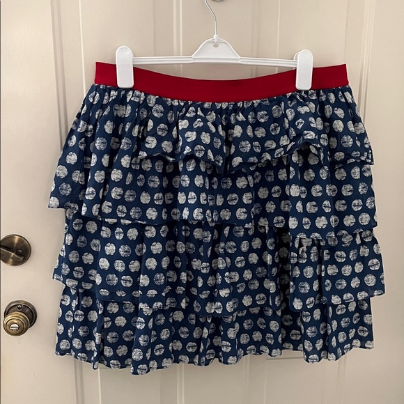 Lane Bryant Blue White Dits Pattern Ruffle Tiered Skirt Red Elastic Waistband - Picture 1 of 3